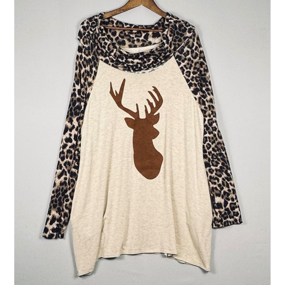 Boutique Unbranded Tunic Top Women 3XL Tan Leopard Deer Cowl Neck Excellent